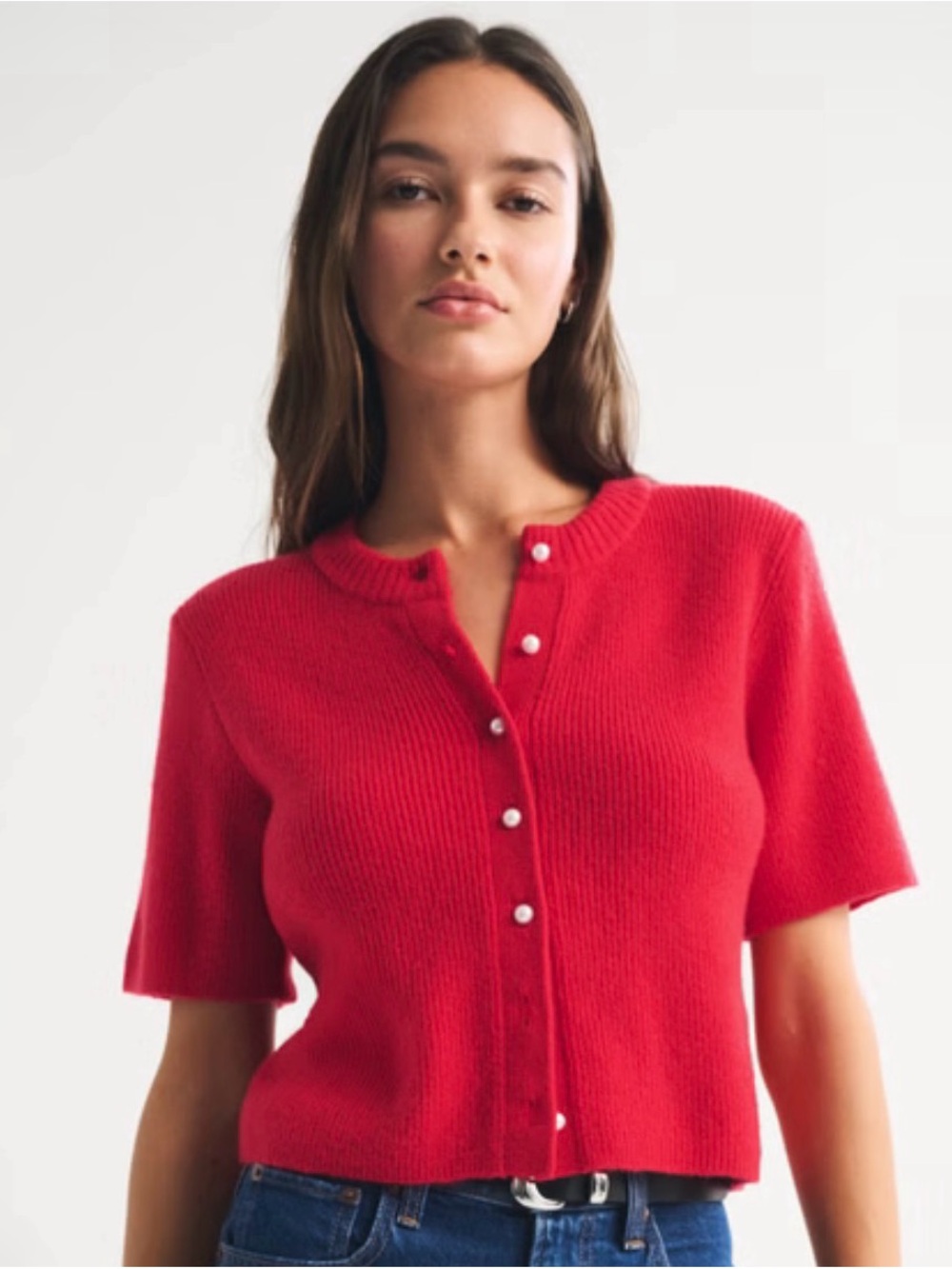 Abercrombie & Fitch Vibrant Red Short-Sleeve Classic Cardigan Ladies Sz Sm - Picture 3 of 6
